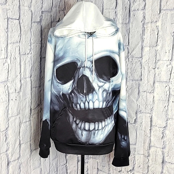 SKULL HOODIE Blue‎ and Black Sweatshirt Large - Picture 1 of 7